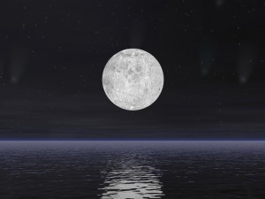 Beautiful full moon on a dark night with stars and comets over the ocean.