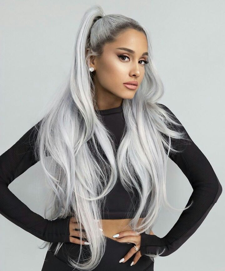 Ariana Grande's silver locks are matched with a medium grey brown shade. (Credits: weheartit.com)