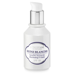 L'ccitane's Reine Blanche Illuminating UV Shield (SPF50) - helps preserve luminous and even-toned skin.