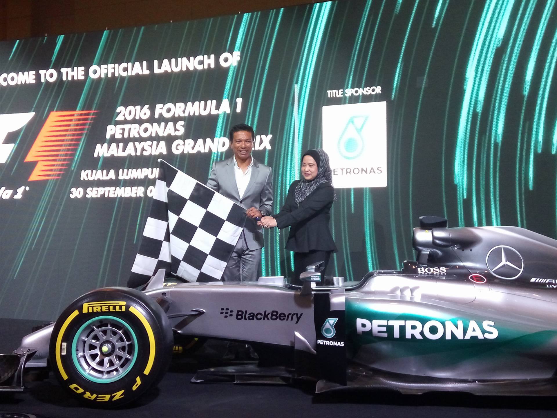 Razlan (left) with Petronas senior manager of group strategic communications Zahariah Abdul Rahman during the launch of the Petronas Formula One Malaysian Grand Prix.
