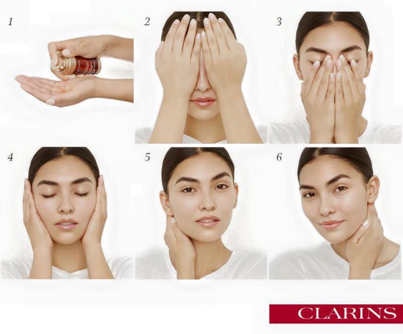 Application method for any day or night treatment Clarins Double Serum