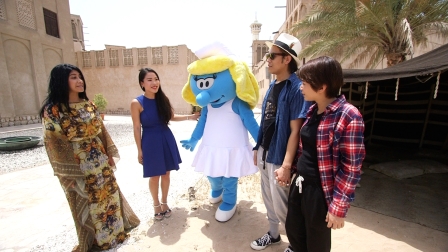 Smurfette and the representatives from Dubai Parks and Resorts (opening in October) came surprise the celebrity couple at Al Fahidi Historical District.