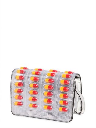 MOSCHINO PILL PACK METALLIC FAUX LEATHER BAG