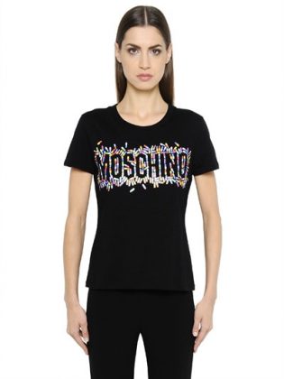 MOSCHINO PILL LOGO PRINTED COTTON JERSEY T-SHIRT