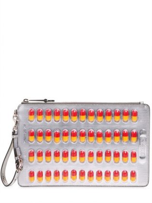 MOSCHINO PILL PACK METALLIC FAUX LEATHER CLUTCH