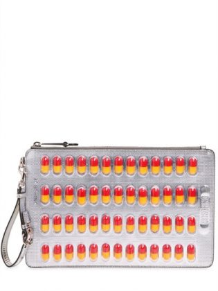 MOSCHINO PILL PACK METALLIC FAUX LEATHER CLUTCH