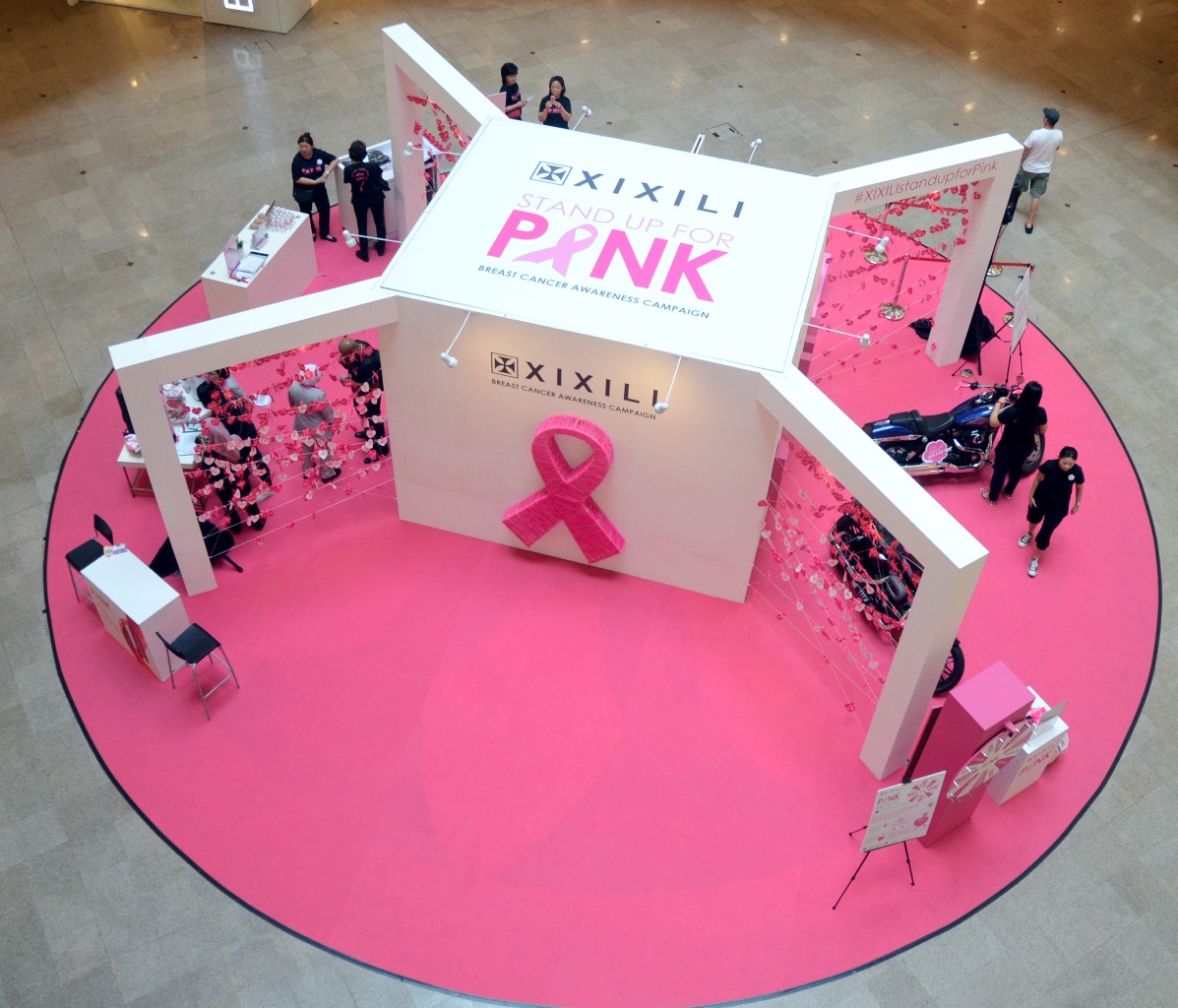 A Pink Ribbon art sculpture made of entwined yarn was erected to signify the communal bond and support for and amongst women diagnosed with breast cancer.