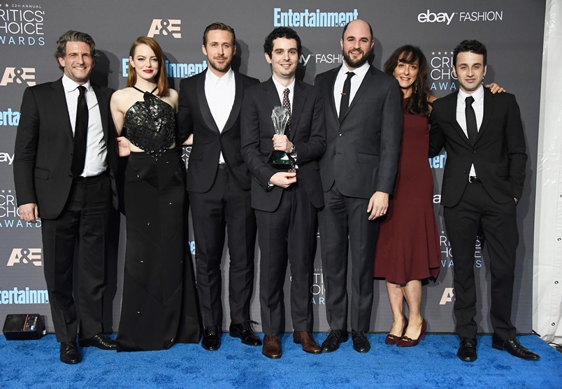 Gary Gilbert, Emma Stone, Ryan Gosling, Damien Chazelle, Jordan Horowitz, Mary Zophres and Justin Hurwitz - 22nd Annual Critics' Choice Awards. Image: Getty Images