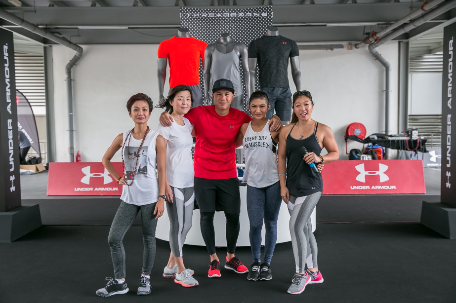 Atilia Haron (Under Armour 2017 Ambassador), Yvonne Tey (Marketing Director of Triple Pte. Ltd.), Nicholas Mak (Under Armour Guest Influencer), Nana al Haleq (Under Armour 2017 Ambassador), Linora Low (Under Armour 2017 Ambassador). 