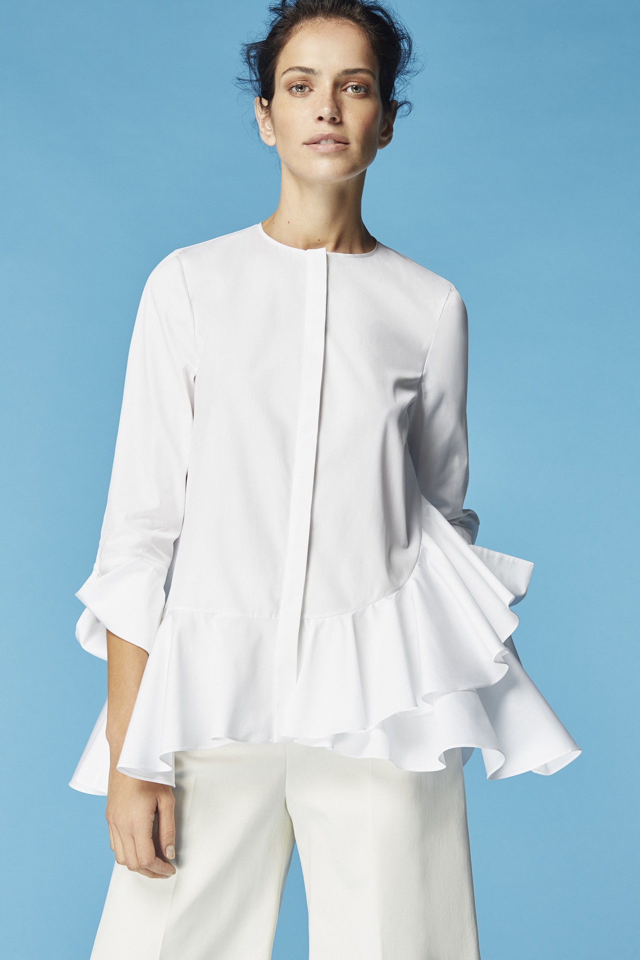 CH Carolina Herrera SS17 White Shirt Collection, Style 32/16: Asymmetric ruffle cotton poplin shirt-Pamper.my