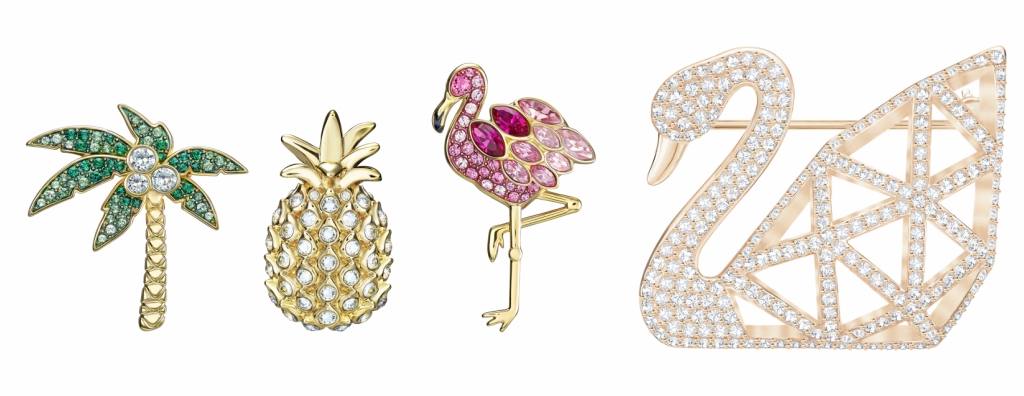 Left to Right: Lime Tack Pin Set RM899; Facet Swan Brooch RM699 
