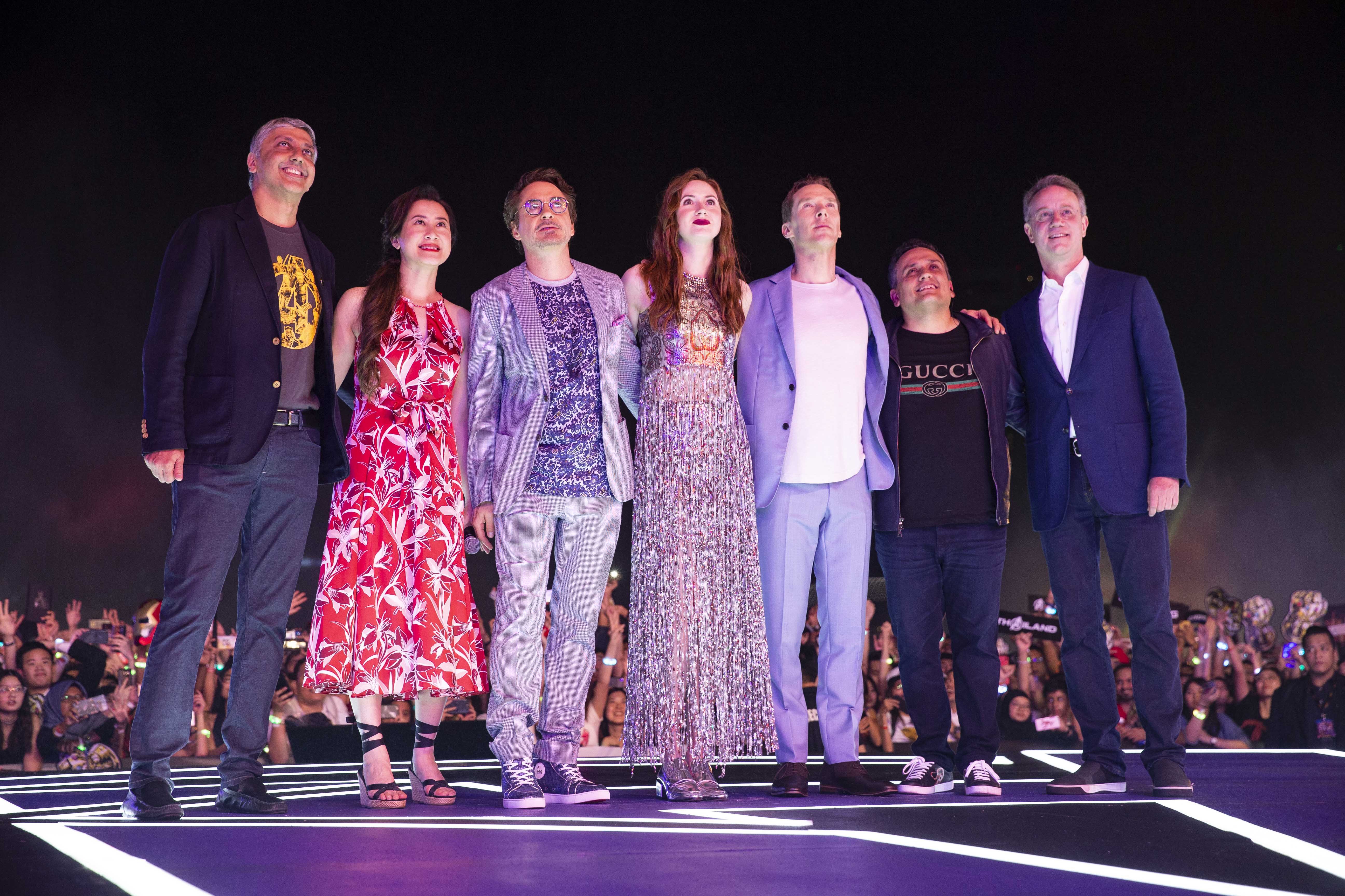 From L-R_ Mahesh Samat, Trinh Tran, Robert Downey Jr, Karen Gillan, Benedict Cumberbatch, Joe Russo and George Tanasijevich at the Event Plaza.