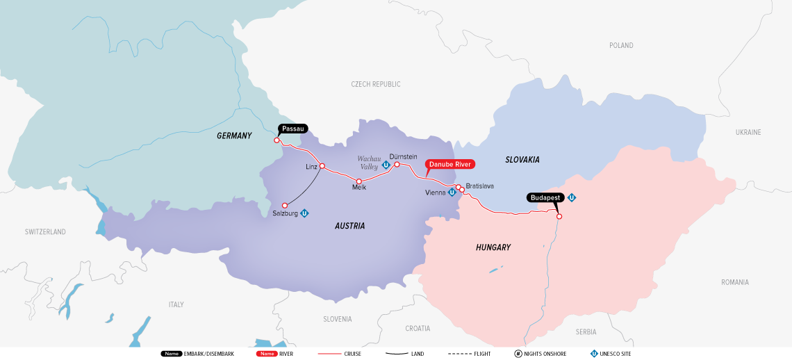 The route of Enchanting Danube River Cruise (photo credit: www.uniworld.com)