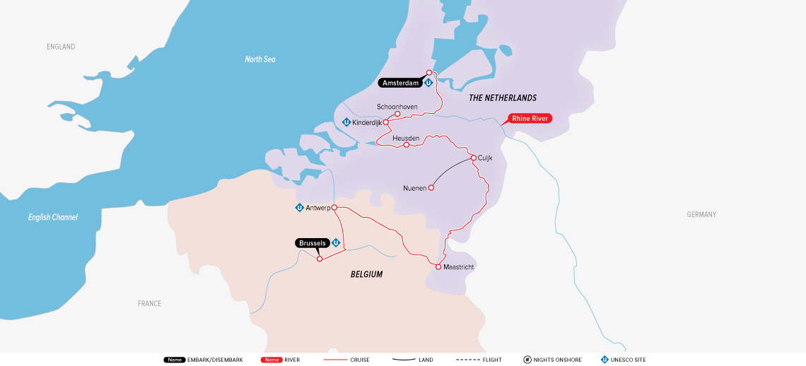 The route of Holland and Belgium at Tulip Time river cruise (photo credit: www.uniworld.com)