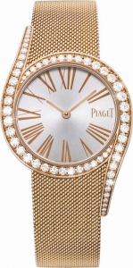 G0A41213 Radiant, vibrant and seductive: these are three adjectives that perfectly capture the spirit of this new luxury watch created by Piaget. It takes the linearity out of time, placing it instead on a curve of pure femininity. Its round 32 mm rose gold case is enhanced by two elegant elongated lugs. The voluptuousness of its curves is highlighted on the bezel by a graduated row of round diamonds. The purity of its silver-colored dial has a very contemporary classicism, with its Roman numerals in powdered rose gold that beautifully match the rose gold Milanese mesh bracelet. This perfectly integrated and extremely flexible bracelet is attached to the wrist by a perfectly fitting sliding buckle, providing unrivaled comfort and an air of distinction.