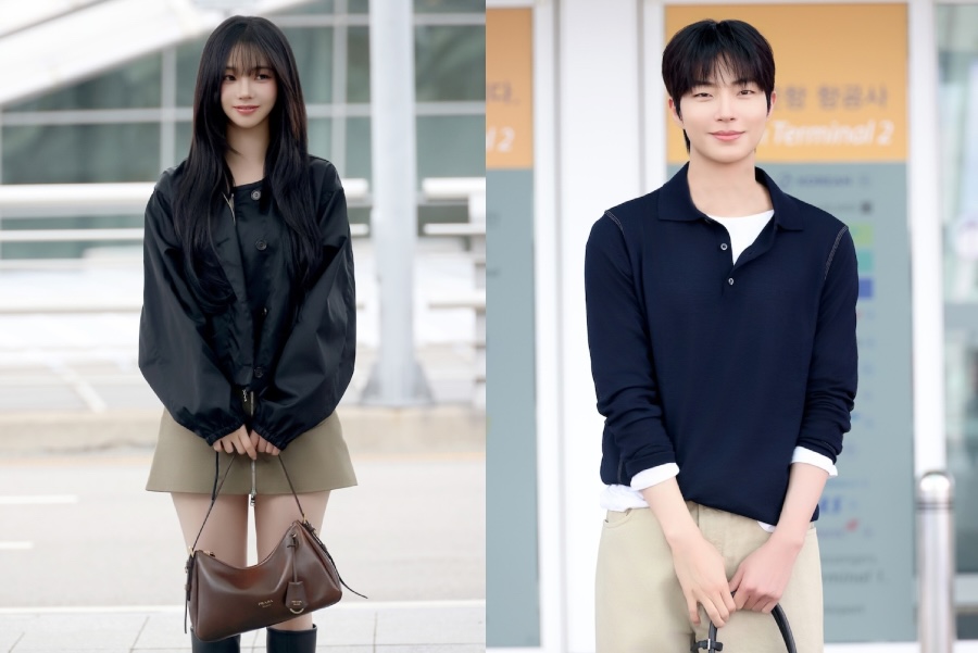 Prada Ambassadors Karina and Hwang In-Youp Touch Down in Singapore Ahead of Paragon Store Re-Opening